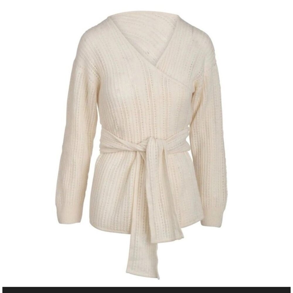 Naadam Alpaca Blend Mixed Pointelle Wrap Sweater Top – Cream (Size XS) P33